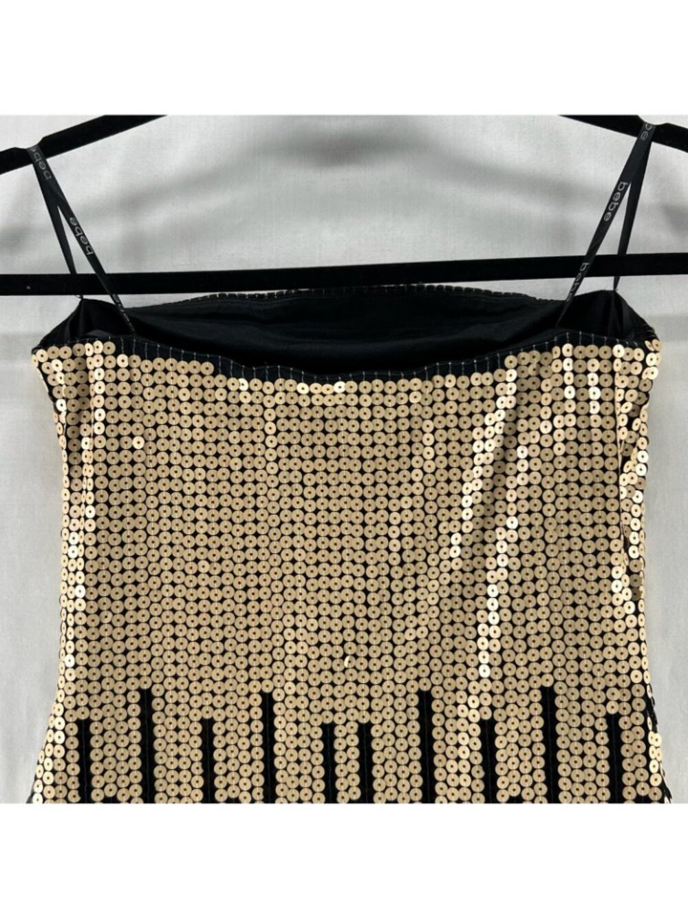 Bebe Strapless Sequin Ombre Mini Dress Womens 2XS Liquid Drip Bodycon Black Gold - Picture 9 of 12